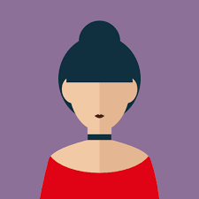 Ilustración de una mujer con cabello recogido y blusa roja, fondo morado, estilo minimalista y moderno, ideal para proyectos creativos.